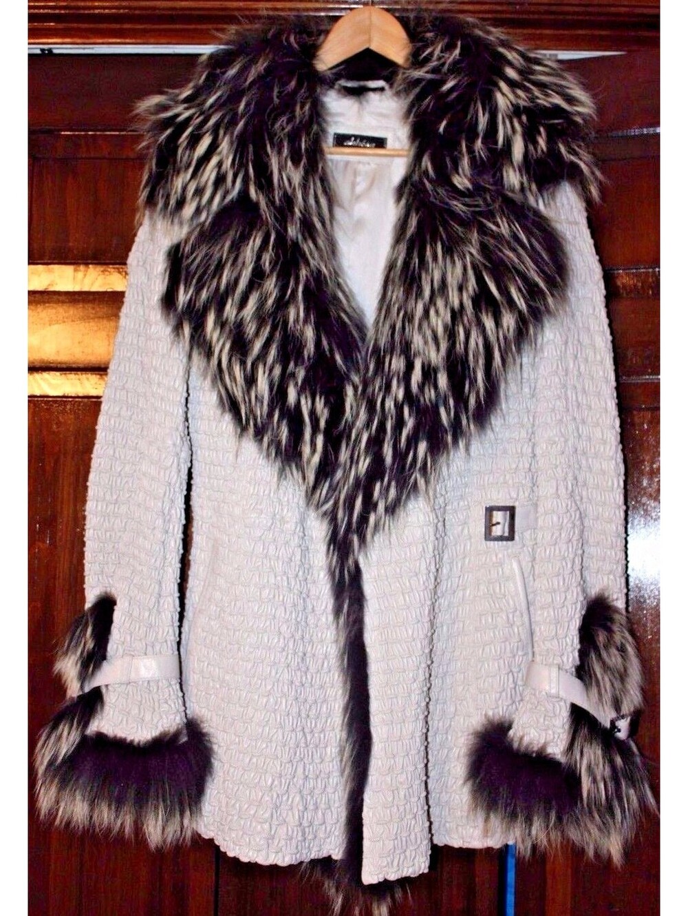 Designer Akhesa Black & White Leather Fur Coat Rare Jacket Size-M NEW Was $1800